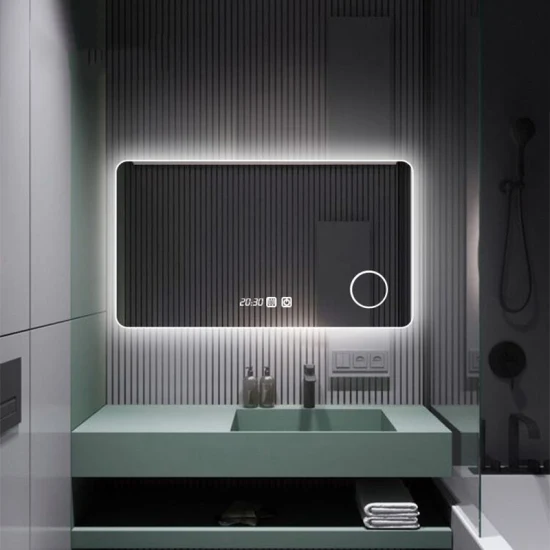 Miroir de salle de bains Bluetooth intelligent éclairé par désembuage LED avec horloge numérique